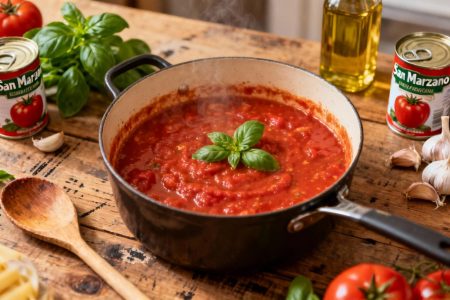 Sauce tomate maison mijotant dans une casserole en fonte avec des ingrédients frais comme des tomates San Marzano et du basilic