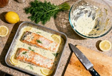 Saumon cuit au four avec sauce crème citron, accompagné de tranches de citron et d'aneth frais sur un plan de travail de cuisine