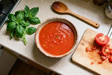 Soupe à la tomate maison servie dans un bol rustique avec feuilles de basilic frais et cuillère en bois sur un plan de travail de cuisine