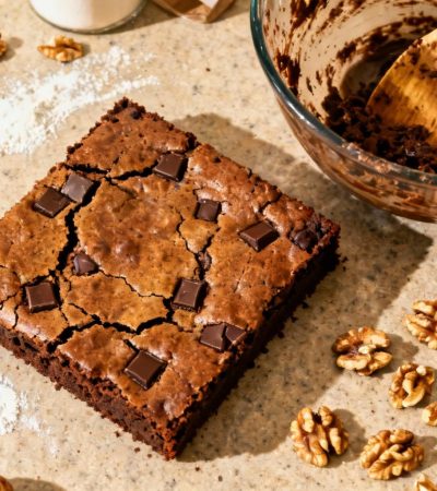 Brownie aux noix maison frais avec texture craquelée et morceaux de chocolat visibles sur un plan de travail