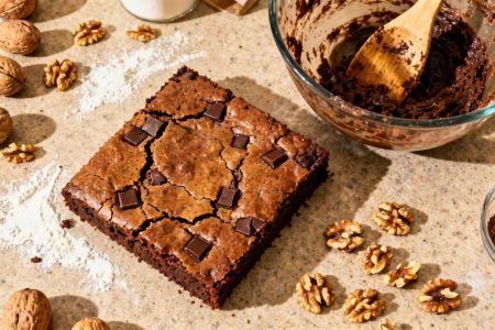 Brownie aux noix maison frais avec texture craquelée et morceaux de chocolat visibles sur un plan de travail