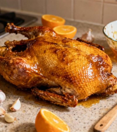Canard rôti doré au miel entouré d'oranges et d'ail sur un plan de travail de cuisine, avec cuillère en bois