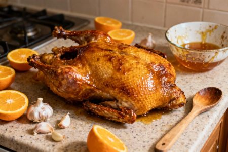 Canard rôti doré au miel entouré d'oranges et d'ail sur un plan de travail de cuisine, avec cuillère en bois