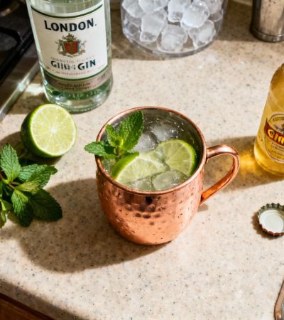 Cocktail london mule dans mug en cuivre avec gin, citron vert et gingembre, préparé sur un plan de travail de cuisine
