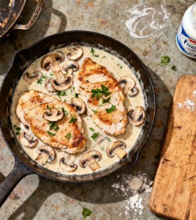 Escalope de dinde cuite dans une sauce crémeuse avec champignons et herbes, posée sur un plan de travail rustique