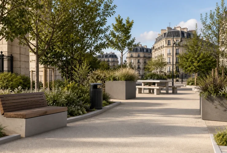 Mobilier urbain aménagé dans un espace public accessible