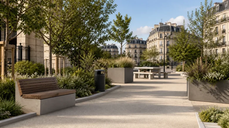 Mobilier urbain aménagé dans un espace public accessible