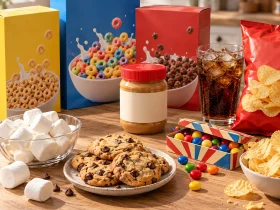 Produits d'épicerie américains : céréales, beurre de cacahuète, cookies, marshmallows et sodas
