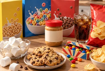 Produits d'épicerie américains : céréales, beurre de cacahuète, cookies, marshmallows et sodas