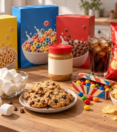 Produits d'épicerie américains : céréales, beurre de cacahuète, cookies, marshmallows et sodas